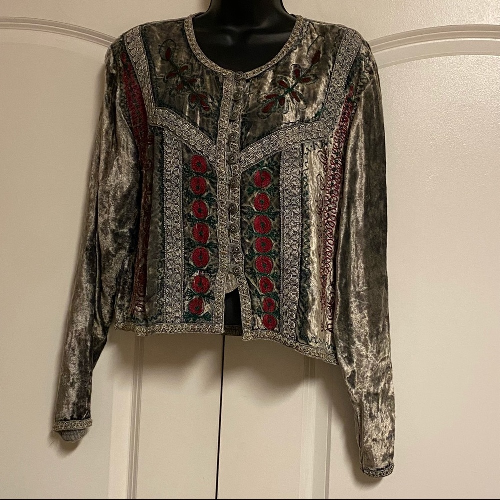 Johnny Was shiny grey Embroidered Velvet Top